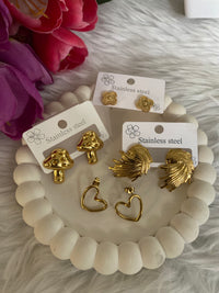 4-in-1 Gold Earring Set — Anti-Tarnish Floral, Heart, Fireworks & Mushroom Studs