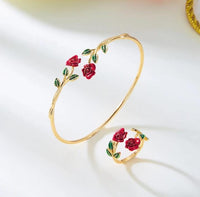 Gold Plated Rose Bracelet & Ring Combo Set for Women – Floral Adjustable Jewelry Set