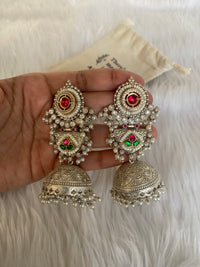 Aaloka Silver-Look Handcrafted Brass Jhumkis