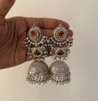 Aaloka Silver-Look Handcrafted Brass Jhumkis