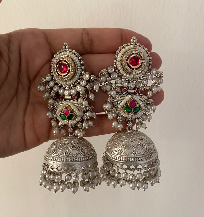 Aaloka Silver-Look Handcrafted Brass Jhumkis