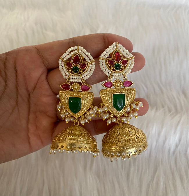 Advika Emerald-Hue Floral Brass Jhumkis