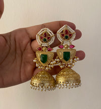 Advika Emerald-Hue Floral Brass Jhumkis
