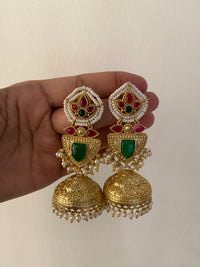 Advika Emerald-Hue Floral Brass Jhumkis