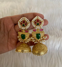 Advika Emerald-Hue Floral Brass Jhumkis