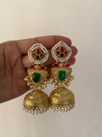 Advika Emerald-Hue Floral Brass Jhumkis