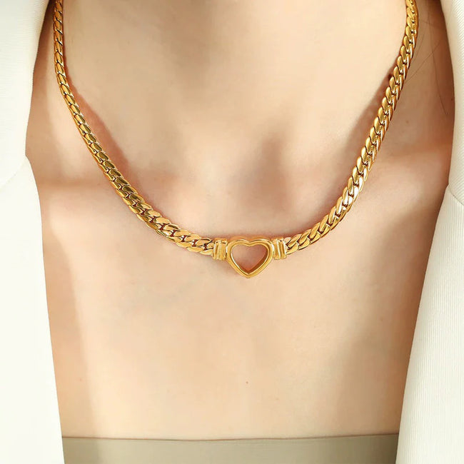 Aferando Heart Lock Cuban Chain Necklace – Gold Plated Stainless Steel Anti-Tarnish