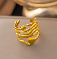Anti-Tarnish 18K Gold Plated Abstract Wave Adjustable Ring for Women
