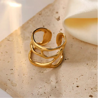 Anti-Tarnish 18K Gold Plated Abstract Wave Adjustable Ring for Women