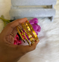 Anti-Tarnish 18K Gold Plated Bangle Bracelet Stack Set of 3 for Women — Nail, Daisy Bloom & Celestial Star Design