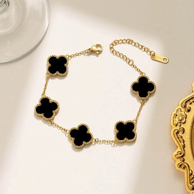 Anti-Tarnish 18K Gold Plated Black Clover Charm Bracelet – Stainless Steel