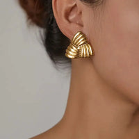 Anti-Tarnish 18K Gold Plated Stainless Steel Chunky Fan Design Statement Stud Earrings for Women