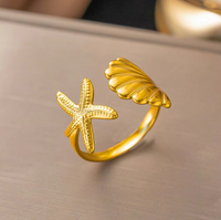 Anti-Tarnish 18K Gold Plated Starfish & Shell Adjustable Ring for Women