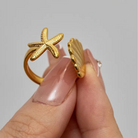 Anti-Tarnish 18K Gold Plated Starfish & Shell Adjustable Ring for Women