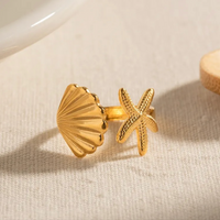 Anti-Tarnish 18K Gold Plated Starfish & Shell Adjustable Ring for Women