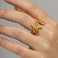 Anti-Tarnish 18K Gold Plated Starfish & Shell Adjustable Ring for Women