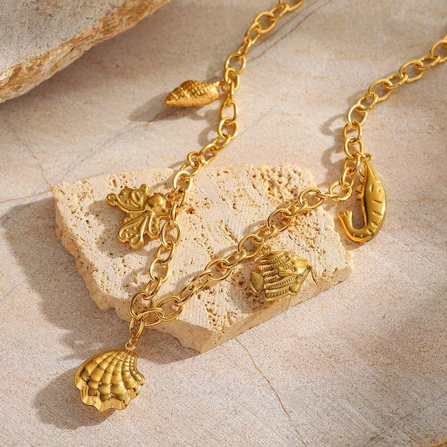 Anti-Tarnish 304 Stainless Steel 18K Gold-Plated Cable Chain Multi-Charms Necklace