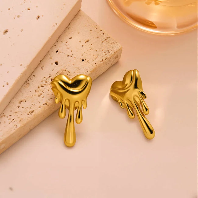 Anti-Tarnish 304 Stainless Steel 18K Gold Plated Dripping Heart Stud Earrings