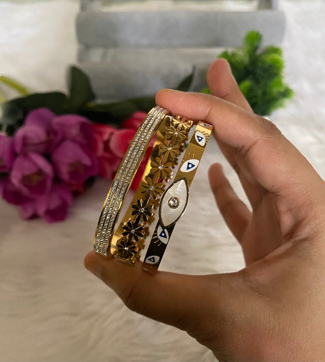 Anti-Tarnish Bangle Bracelet Stack Set - Rhinestone, Bloom & Evil Eye Bangle Stack