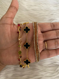 Anti-Tarnish Bracelet Stack Set of 3 — Multicolor Stone + Black Clover + Zircon Tennis | 18K Gold Plated Stainless Steel