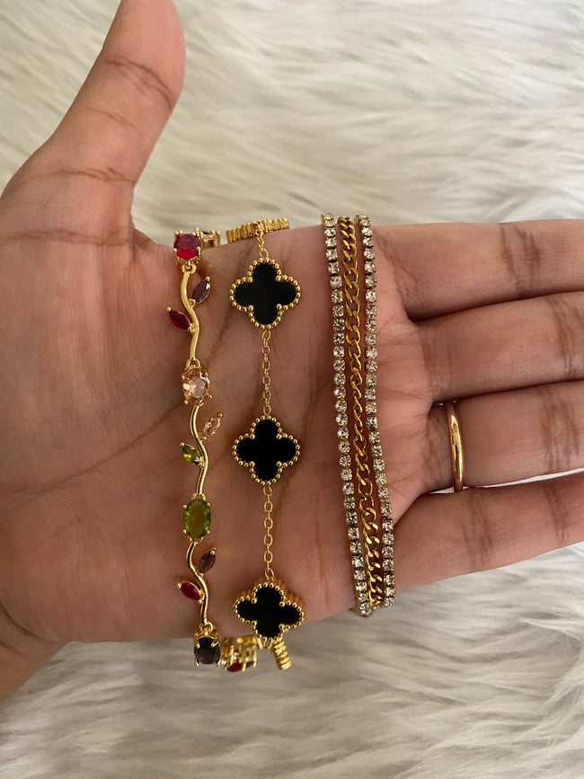 Anti-Tarnish Bracelet Stack Set of 3 — Multicolor Stone + Black Clover + Zircon Tennis | 18K Gold Plated Stainless Steel