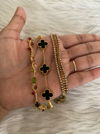 Anti-Tarnish Bracelet Stack Set of 3 — Multicolor Stone + Black Clover + Zircon Tennis | 18K Gold Plated Stainless Steel