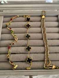 Anti-Tarnish Bracelet Stack Set of 3 — Multicolor Stone + Black Clover + Zircon Tennis | 18K Gold Plated Stainless Steel