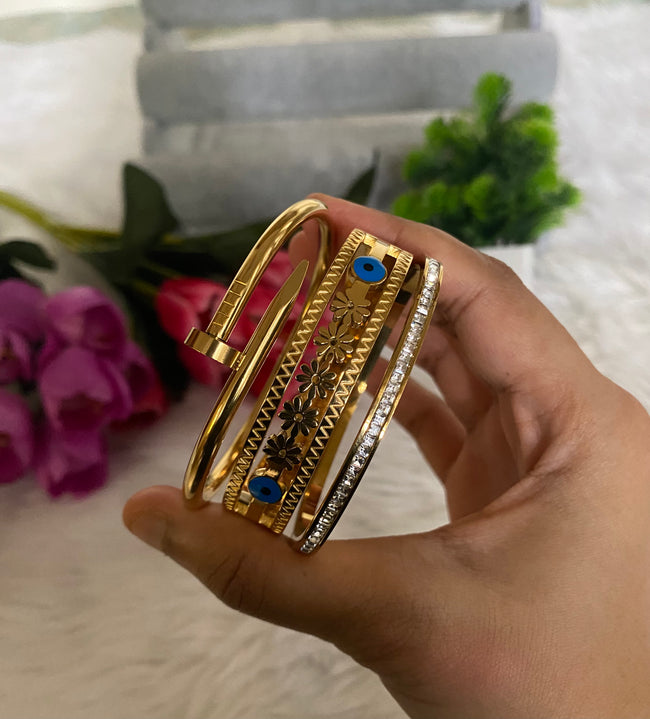 Anti-Tarnish Bracelet Stack Set of 3 - Nail, Evil Eye & Diamond Bangle Stack