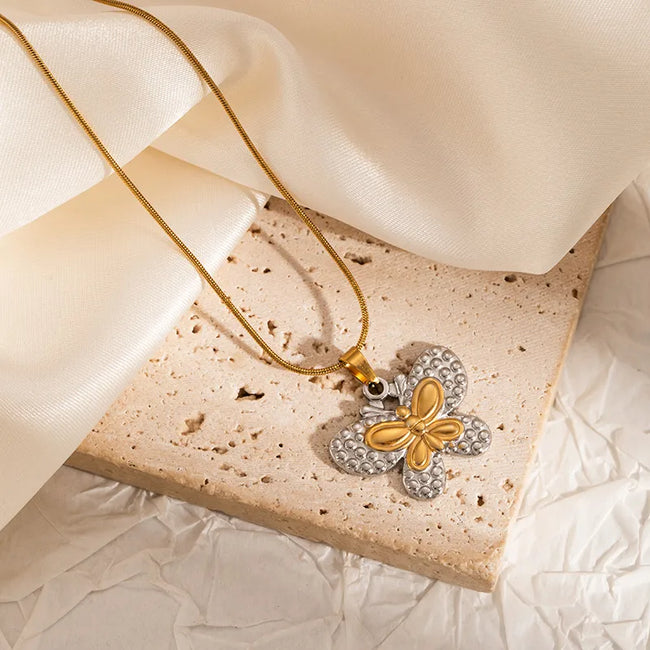 Anti-Tarnish Dual-Tone Stainless Steel Butterfly Pendant Necklace