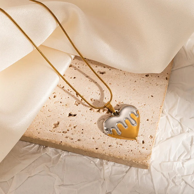 Anti-Tarnish Dual-Tone Stainless Steel Dripping Heart Pendant Necklace