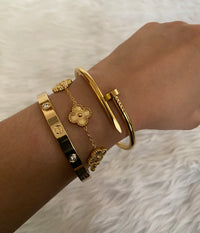Anti-Tarnish Gold Bracelet Stack Set of 3 — Love Bangle + Nail Bangle + Clover Charm | 18K Gold Plated Stainless Steel