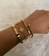 Anti-Tarnish Gold Bracelet Stack Set of 3 — Love Bangle + Nail Bangle + Clover Charm | 18K Gold Plated Stainless Steel