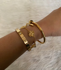 Anti-Tarnish Gold Bracelet Stack Set of 3 — Love Bangle + Nail Bangle + Clover Charm | 18K Gold Plated Stainless Steel