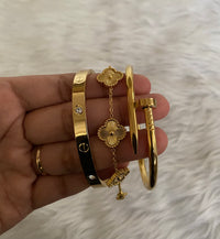 Anti-Tarnish Gold Bracelet Stack Set of 3 — Love Bangle + Nail Bangle + Clover Charm | 18K Gold Plated Stainless Steel
