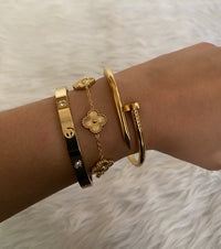 Anti-Tarnish Gold Bracelet Stack Set of 3 — Love Bangle + Nail Bangle + Clover Charm | 18K Gold Plated Stainless Steel