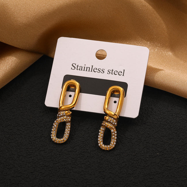 Anti-tarnish gold chunky link drop earrings for women in 18K gold plated stainless steel with rhinestones