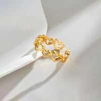 Aferando anti-tarnish gold hollow heart band ring, adjustable open ring with a row of linked open hearts