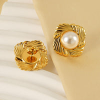 Square Shaped 304 Stainless Steel 18K Gold Plated Pearl Stud Earrings