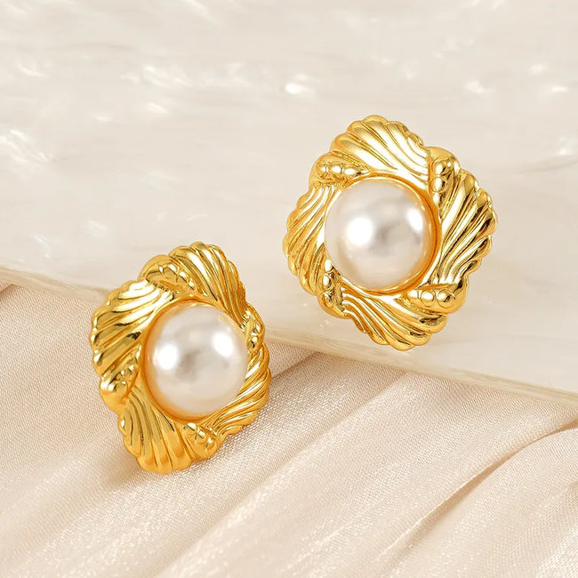 Anti-Tarnish Square Shaped 304 Stainless Steel 18K Gold Plated Pearl Stud Earrings