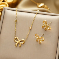 Anti-Tarnish 18K Gold Plated Stainless Steel Bow Necklace and Earrings Set for Women