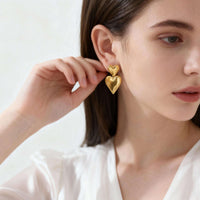 Anti-Tarnish 18K Gold Plated Chunky Double Heart Drop Stud Earrings For Women