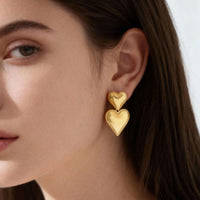 Anti-Tarnish 18K Gold Plated Chunky Double Heart Drop Stud Earrings For Women