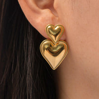 Anti-Tarnish 18K Gold Plated Chunky Double Heart Drop Stud Earrings For Women