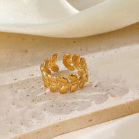 Anti-Tarnish 18K Gold Plated Stainless Steel Leaf Design Adjustable Ring for Women