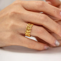 Anti-Tarnish 18K Gold Plated Stainless Steel Leaf Design Adjustable Ring for Women