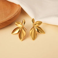 Anti-Tarnish 18K Gold Plated Stainless Steel Leaf Flower Stud Earrings for Women