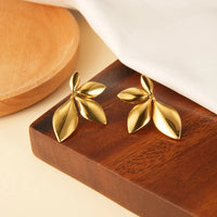 Anti-Tarnish 18K Gold Plated Stainless Steel Leaf Flower Stud Earrings for Women
