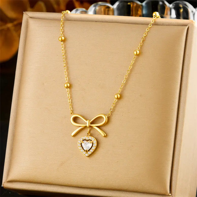 Anti-tarnish Stainless Steel Simple Zircon Diamond Bowknot Heart Pendant Necklace