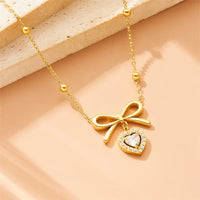 Anti-tarnish Stainless Steel Simple Zircon Diamond Bowknot Heart Pendant Necklace