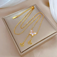 Anti Tarnish 18K Gold Plated Shell Butterfly Pendant Tassels Necklace Stainless Steel Chain Necklace